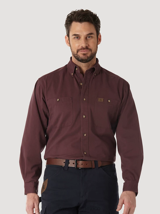ropa mx Wrangler hombres Riggs Workwear camisa de trabajo de sarga sólida con botones y manga larga burdeos (3w501bg) 62D6352