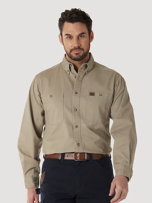 ropa mx Wrangler hombres Riggs Workwear camisa de trabajo de sarga sólida con botones y manga larga caqui (3w501kh) 62D6351