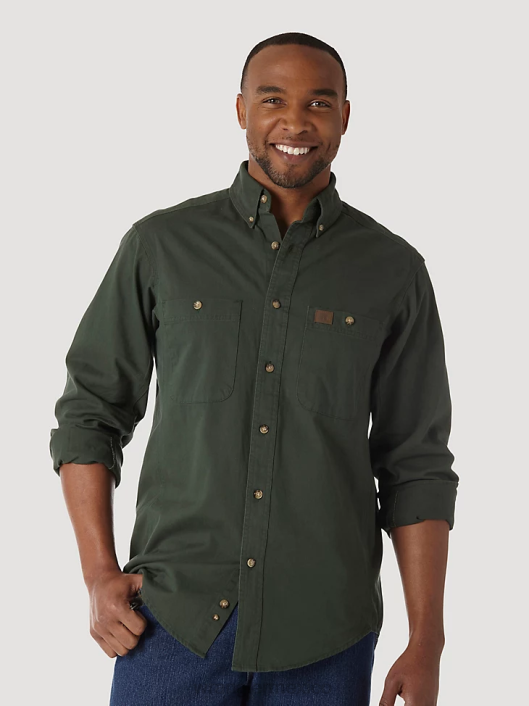 ropa mx Wrangler hombres Riggs Workwear camisa de trabajo de sarga sólida con botones y manga larga verde bosque (3w501fg) 62D6349