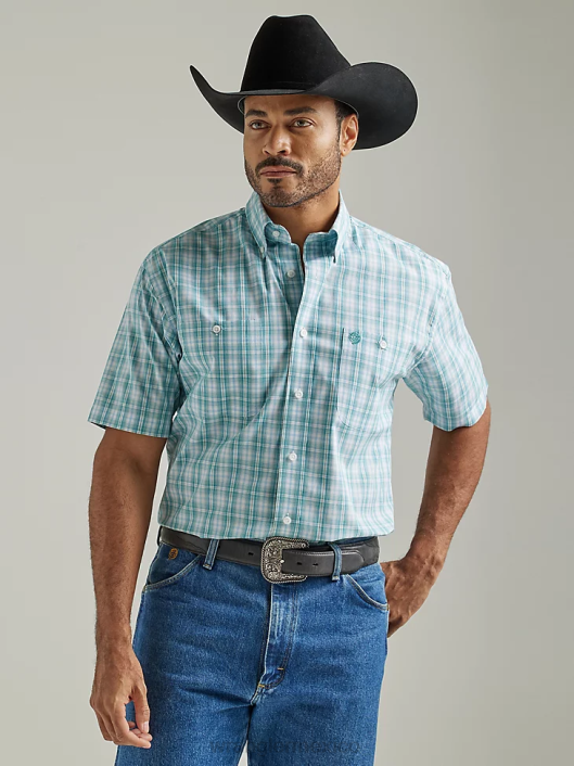 ropa mx Wrangler hombres camisa a cuadros con botones y 2 bolsillos de manga corta george strait verdadero cuadros aguamarina (112327822) 62D6335