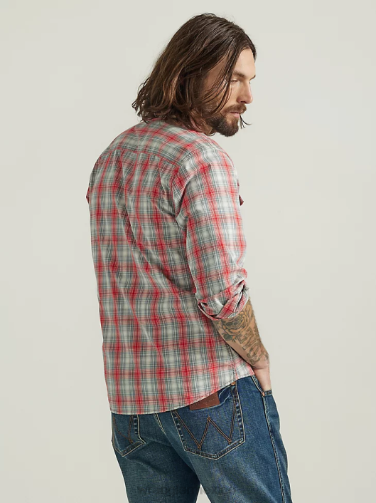 ropa mx Wrangler hombres camisa a cuadros con lavado vaquero aura naranja (112330917) 62D6409