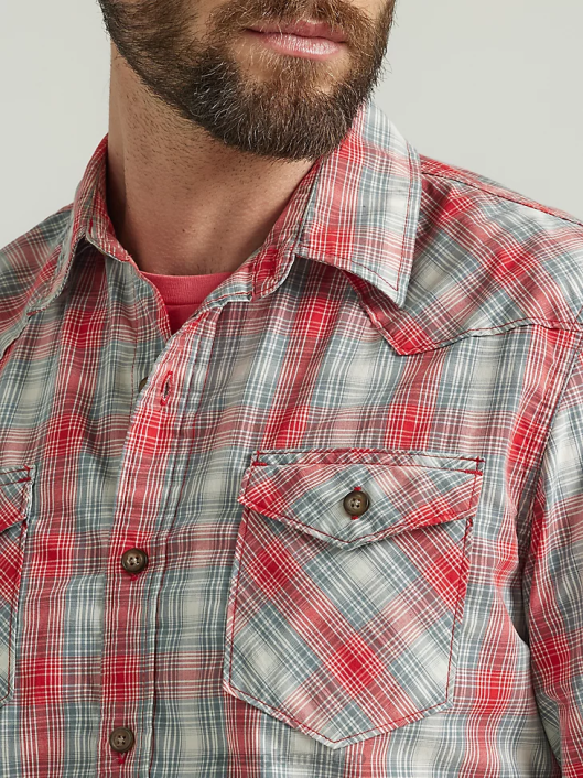 ropa mx Wrangler hombres camisa a cuadros con lavado vaquero aura naranja (112330917) 62D6409