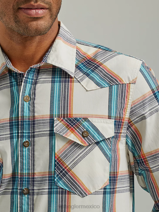 ropa mx Wrangler hombres camisa a cuadros con lavado vaquero miel (112330929) 62D6411