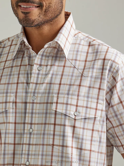 ropa mx Wrangler hombres camisa a cuadros de manga corta resistente a las arrugas marrón duna (112326365) 62D6448