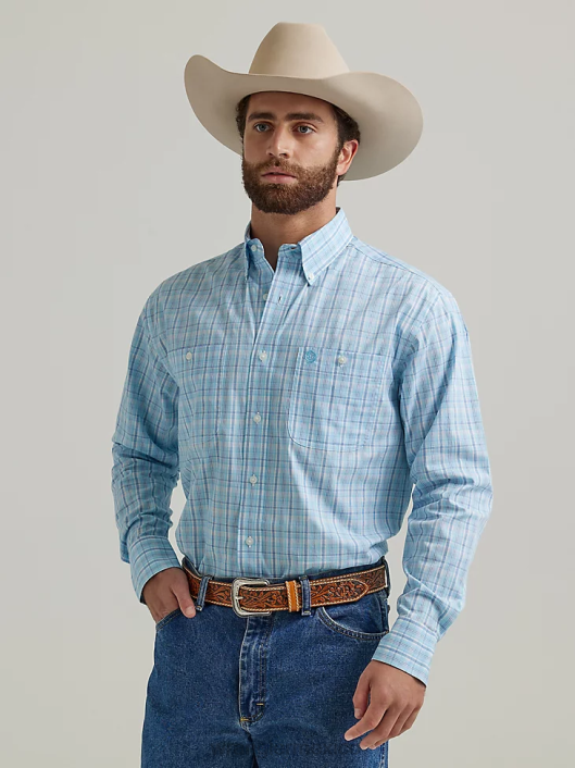 ropa mx Wrangler hombres camisa a cuadros de manga larga con botones y dos bolsillos george strait azul celeste (112324886) 62D6323