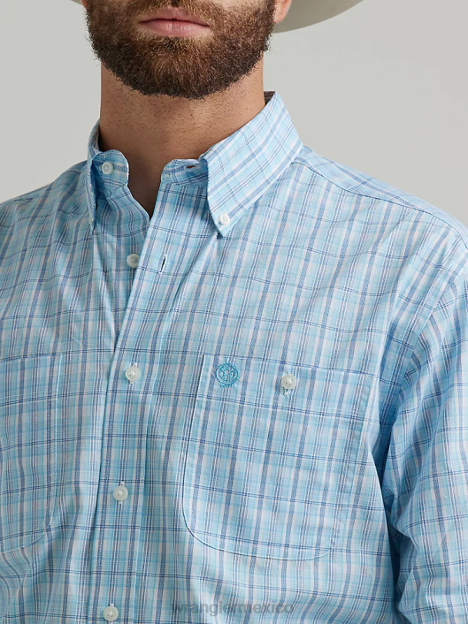 ropa mx Wrangler hombres camisa a cuadros de manga larga con botones y dos bolsillos george strait azul celeste (112324886) 62D6323