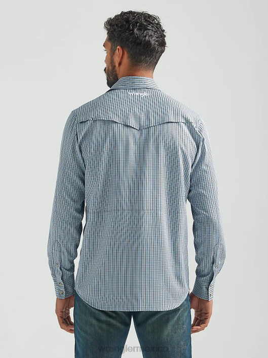ropa mx Wrangler hombres camisa a cuadros de manga larga con broche de rendimiento azul gris (112326154) 62D6436