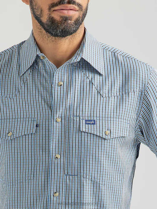 ropa mx Wrangler hombres camisa a cuadros de manga larga con broche de rendimiento azul gris (112326154) 62D6436
