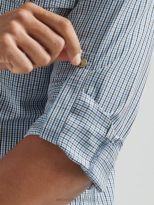 ropa mx Wrangler hombres camisa a cuadros de manga larga con broche de rendimiento azul gris (112326154) 62D6436