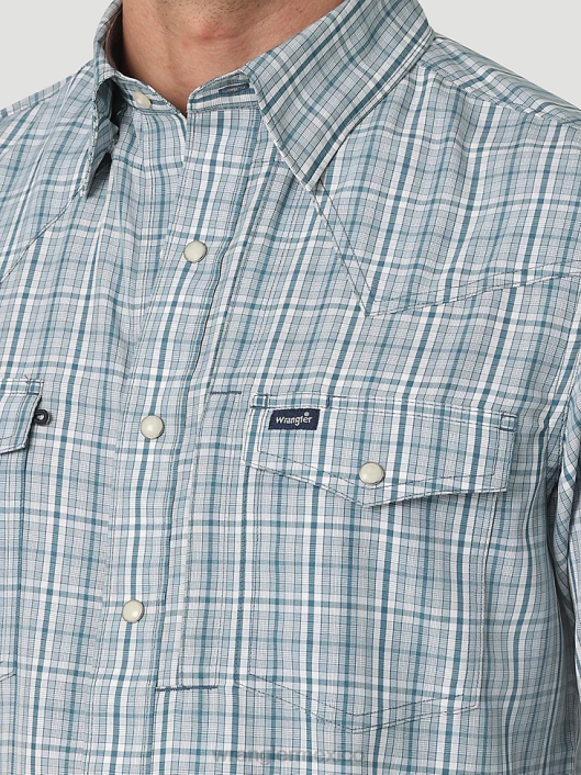 ropa mx Wrangler hombres camisa a cuadros de manga larga con broche de rendimiento cuadros verde azulado (112326180) 62D6434