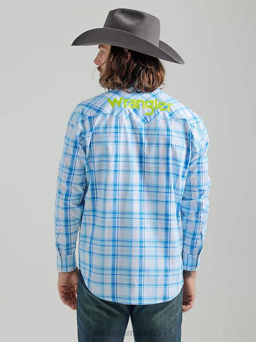 ropa mx Wrangler hombres camisa a cuadros de manga larga con logo estilo western azul mar (112324644) 62D6497
