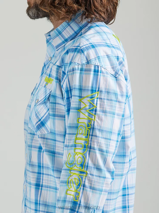 ropa mx Wrangler hombres camisa a cuadros de manga larga con logo estilo western azul mar (112324644) 62D6497