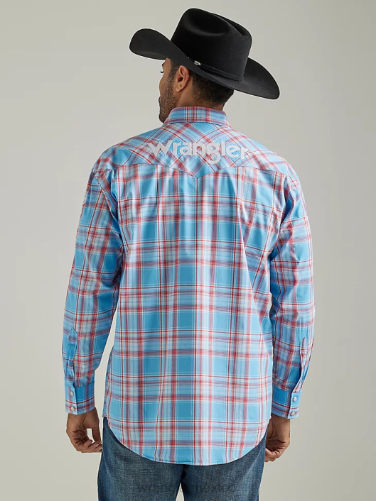 ropa mx Wrangler hombres camisa a cuadros de manga larga con logo estilo western azul soleado (112327776) 62D6498