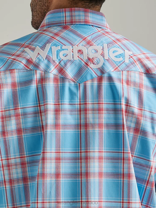 ropa mx Wrangler hombres camisa a cuadros de manga larga con logo estilo western azul soleado (112327776) 62D6498