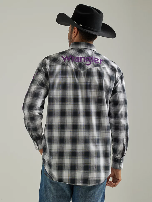 ropa mx Wrangler hombres camisa a cuadros de manga larga con logo estilo western búfalo blanco y negro (112327777) 62D6499