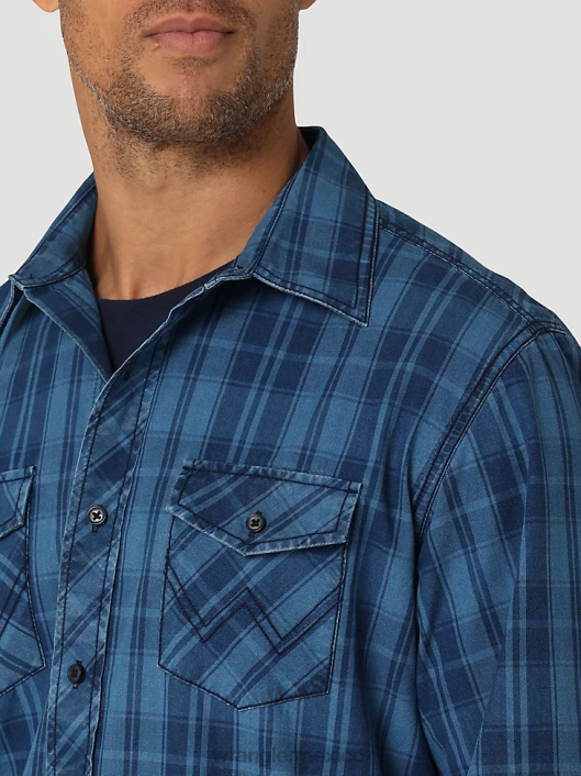 ropa mx Wrangler hombres camisa a cuadros retro premium de manga larga con botones azul (112324855) 62D6337