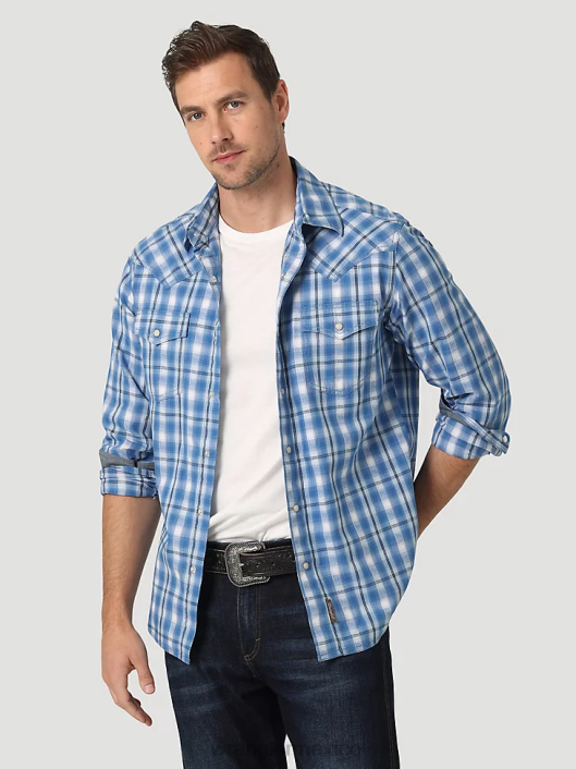 ropa mx Wrangler hombres camisa a cuadros retro premium de manga larga con broche occidental azul riviera (112327792) 62D6479