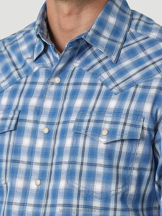 ropa mx Wrangler hombres camisa a cuadros retro premium de manga larga con broche occidental azul riviera (112327792) 62D6479