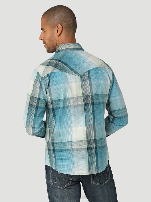 ropa mx Wrangler hombres camisa a cuadros retro premium de manga larga con broche occidental luz azul (112324851) 62D6478