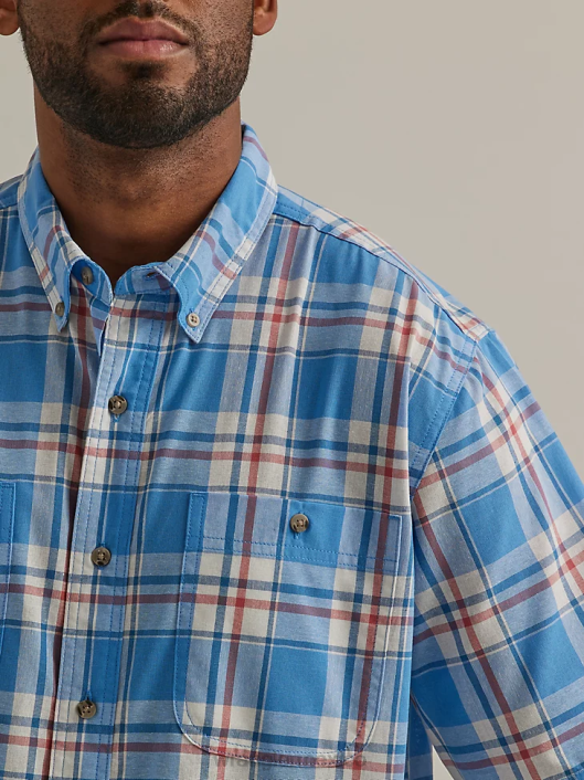 ropa mx Wrangler hombres camisa con botones a cuadros de manga corta y fácil cuidado resistente azul mar (112325898) 62D6344