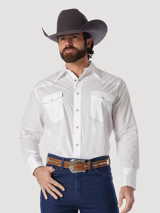 ropa mx Wrangler hombres camisa con broche occidental - tela ancha sólida de manga larga blanco (71105wh) 62D6449