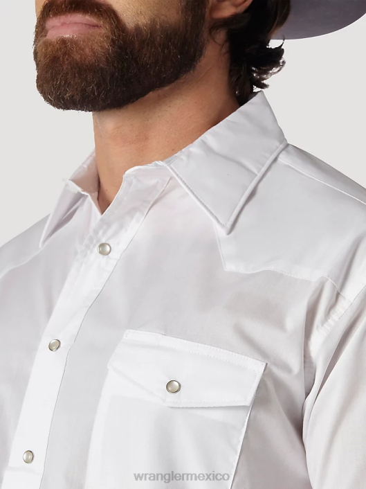 ropa mx Wrangler hombres camisa con broche occidental - tela ancha sólida de manga larga blanco (71105wh) 62D6449