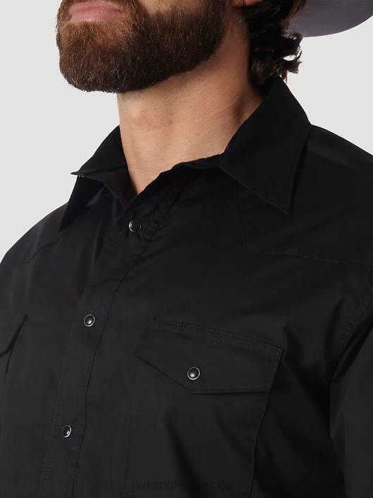 ropa mx Wrangler hombres camisa con broche occidental - tela ancha sólida de manga larga negro (71105bk) 62D6450