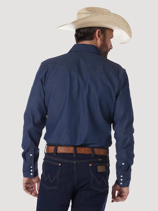 ropa mx Wrangler hombres camisa de trabajo sólida con broche occidental de manga larga y acabado firme con corte vaquero azul (ms70119) 62D6420