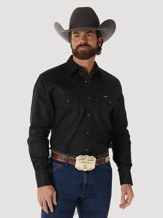 ropa mx Wrangler hombres camisa de trabajo sólida con broche occidental de manga larga y acabado firme con corte vaquero negro (ms70819) 62D6425