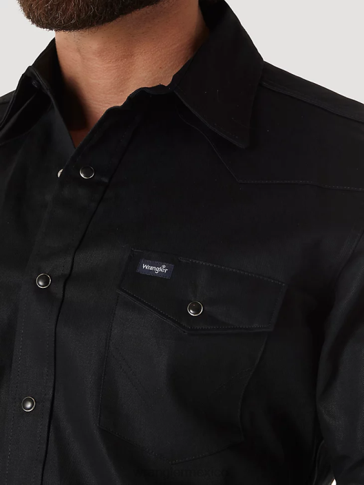 ropa mx Wrangler hombres camisa de trabajo sólida con broche occidental de manga larga y acabado firme con corte vaquero negro (ms70819) 62D6425
