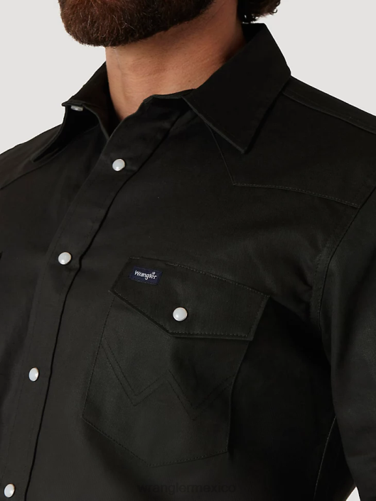 ropa mx Wrangler hombres camisa de trabajo sólida con broche occidental de manga larga y acabado firme con corte vaquero verde bosque negro (ms70519) 62D6424