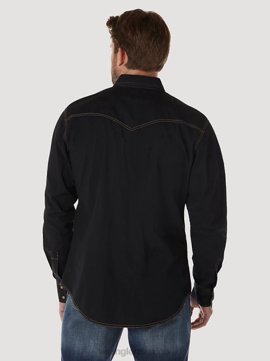 ropa mx Wrangler hombres camisa dobby sólida estilo retro de manga larga con broche occidental negro (mvr532x) 62D6471