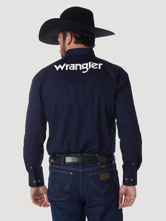 ropa mx Wrangler hombres camisa lisa de manga larga con botones y logo azul marino (mp2327n) 62D6395