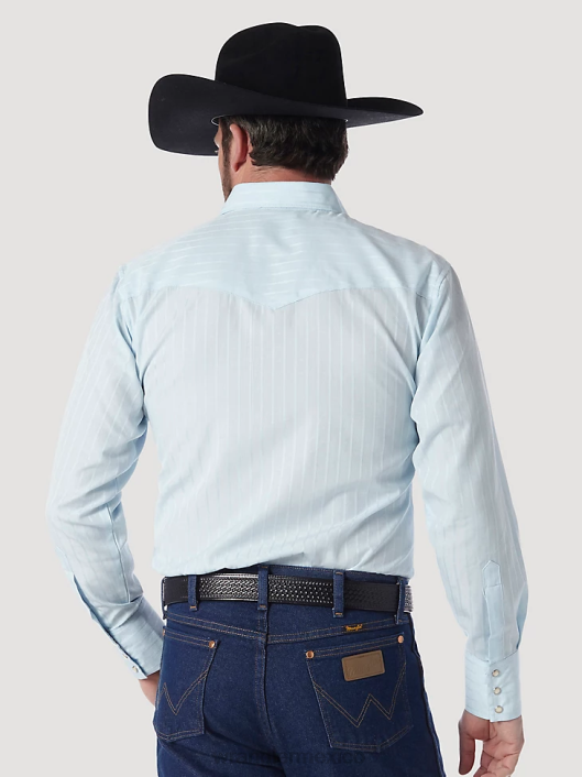 ropa mx Wrangler hombres camisa occidental de manga larga con rayas dobby y botones a presión azul (75222bl) 62D6466