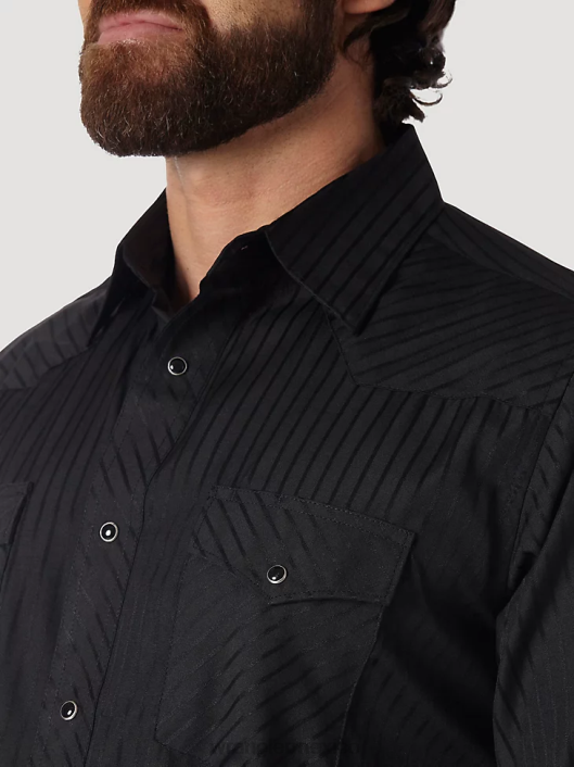 ropa mx Wrangler hombres camisa occidental de manga larga con rayas dobby y botones a presión negro (75214bk) 62D6465