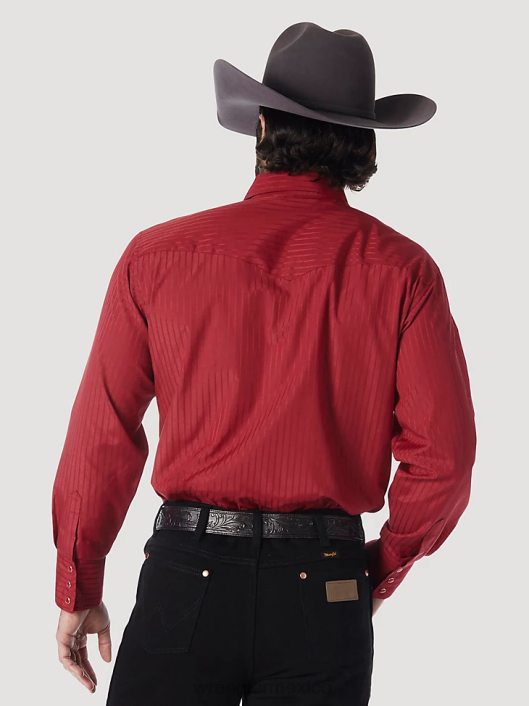 ropa mx Wrangler hombres camisa occidental de manga larga con rayas dobby y botones a presión vino (75740wn) 62D6468