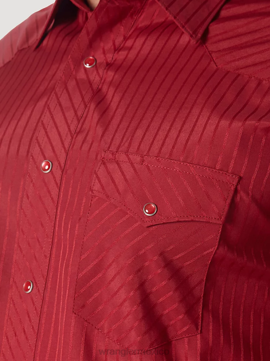 ropa mx Wrangler hombres camisa occidental de manga larga con rayas dobby y botones a presión vino (75740wn) 62D6468