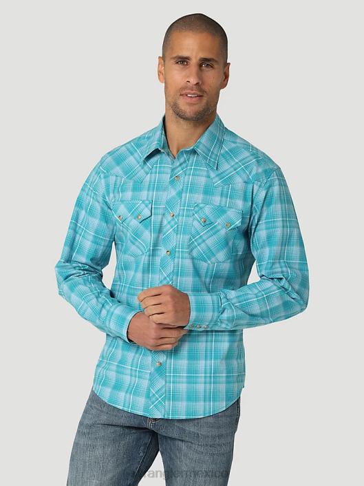 ropa mx Wrangler hombres camisa occidental retro de manga larga con bolsillo a presión y dientes de sierra azul verdoso (112324670) 62D6693