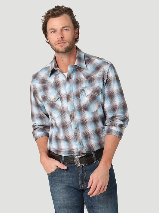 ropa mx Wrangler hombres camisa occidental retro de manga larga con bolsillo a presión y dientes de sierra marrón azul (112324671) 62D6692