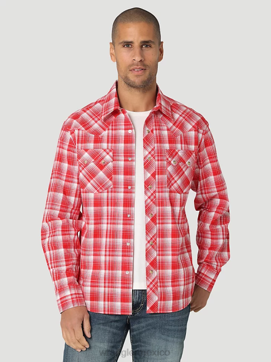 ropa mx Wrangler hombres camisa occidental retro de manga larga con bolsillo a presión y dientes de sierra rojo negrita (112324672) 62D6691