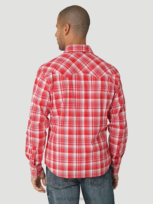 ropa mx Wrangler hombres camisa occidental retro de manga larga con bolsillo a presión y dientes de sierra rojo negrita (112324672) 62D6691