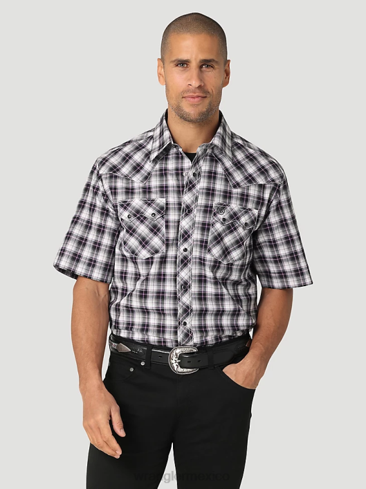 ropa mx Wrangler hombres camisa retro a cuadros de manga corta con broche occidental y bolsillo con solapa de diente de sierra blanco negro (112324673) 62D6428