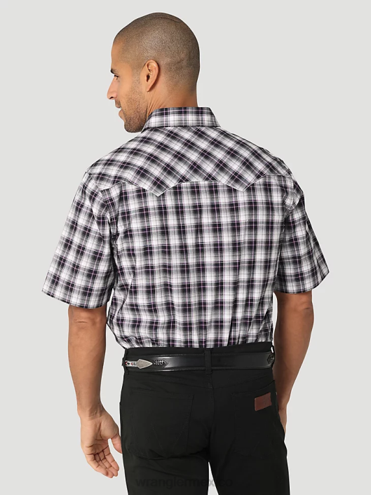 ropa mx Wrangler hombres camisa retro a cuadros de manga corta con broche occidental y bolsillo con solapa de diente de sierra blanco negro (112324673) 62D6428