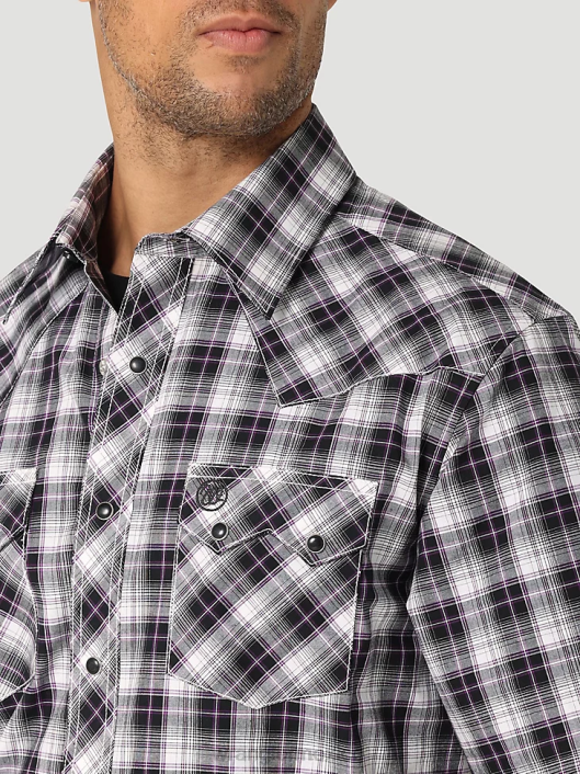 ropa mx Wrangler hombres camisa retro a cuadros de manga corta con broche occidental y bolsillo con solapa de diente de sierra blanco negro (112324673) 62D6428