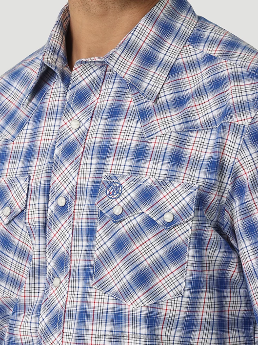 ropa mx Wrangler hombres camisa retro a cuadros de manga corta con broche occidental y bolsillo con solapa de diente de sierra picnic azul marino (112326335) 62D6431