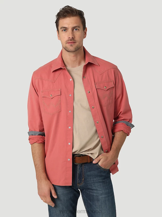 ropa mx Wrangler hombres camisa retro premium de manga larga con botones y color sólido pomelo rojo (112327788) 62D6304