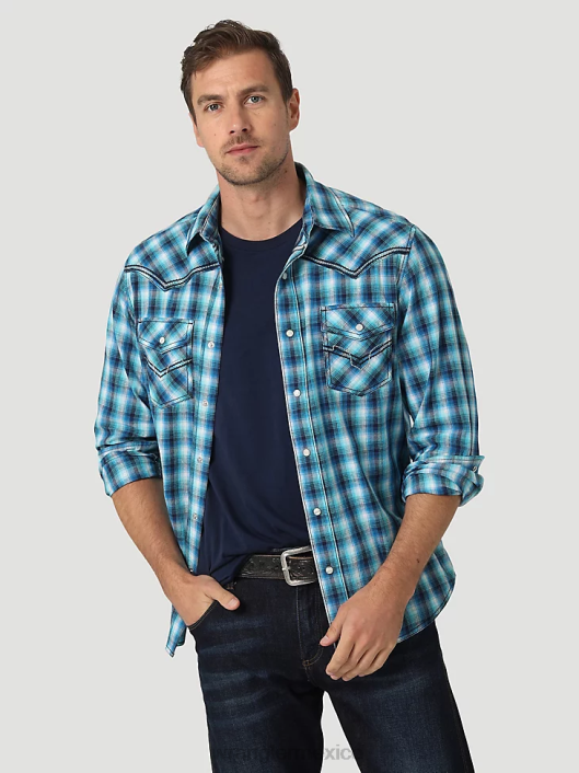ropa mx Wrangler hombres camisa retro premium de manga larga con estampado de botones azul toile (112327790) 62D6426