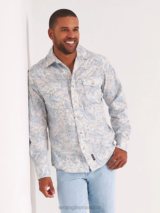 ropa mx Wrangler hombres camisa retro premium de manga larga con estampado de botones azul toile (112327790) 62D6426