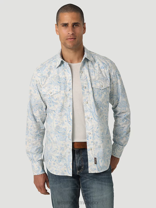 ropa mx Wrangler hombres camisa retro premium de manga larga con estampado de botones azul toile (112327790) 62D6426