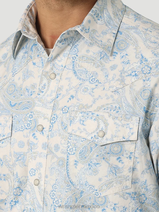 ropa mx Wrangler hombres camisa retro premium de manga larga con estampado de botones azul toile (112327790) 62D6426